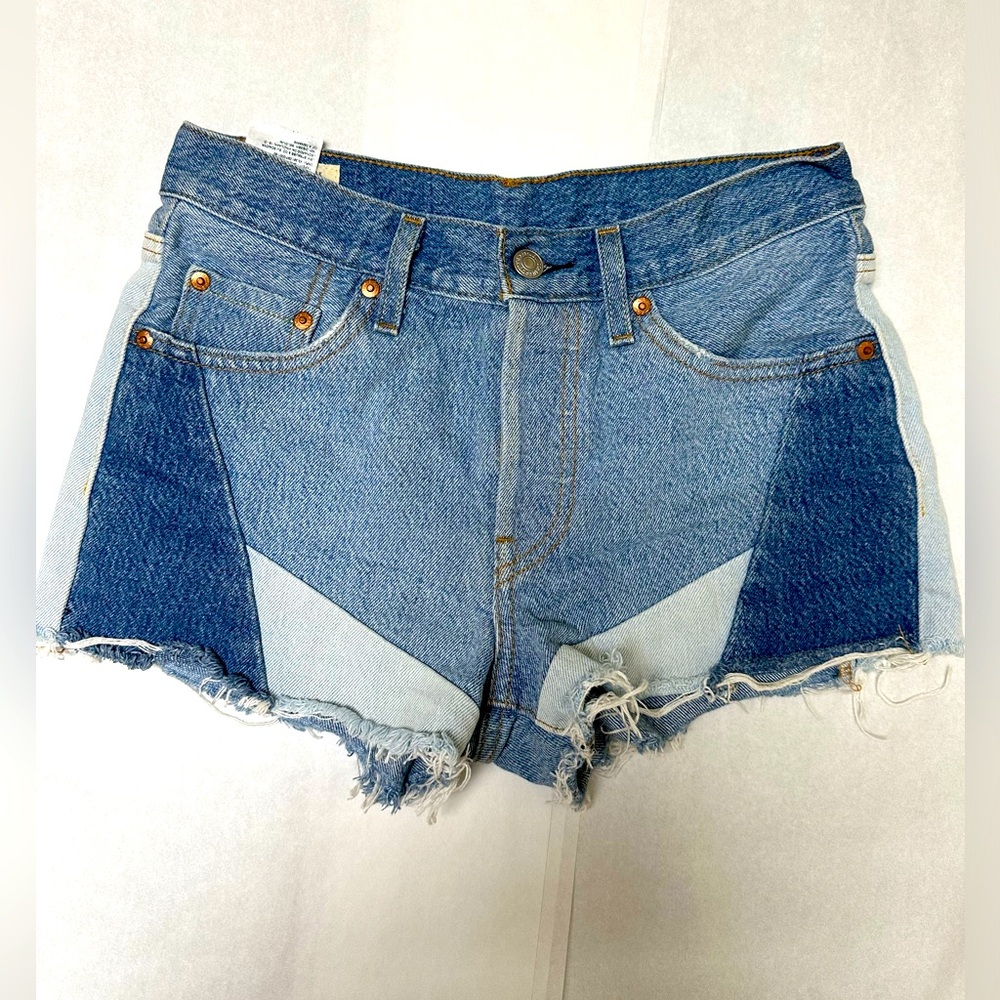 Levi’s Premium 501 Patchwork Mid Rise Jean Shorts Frayed Button Fly🩵